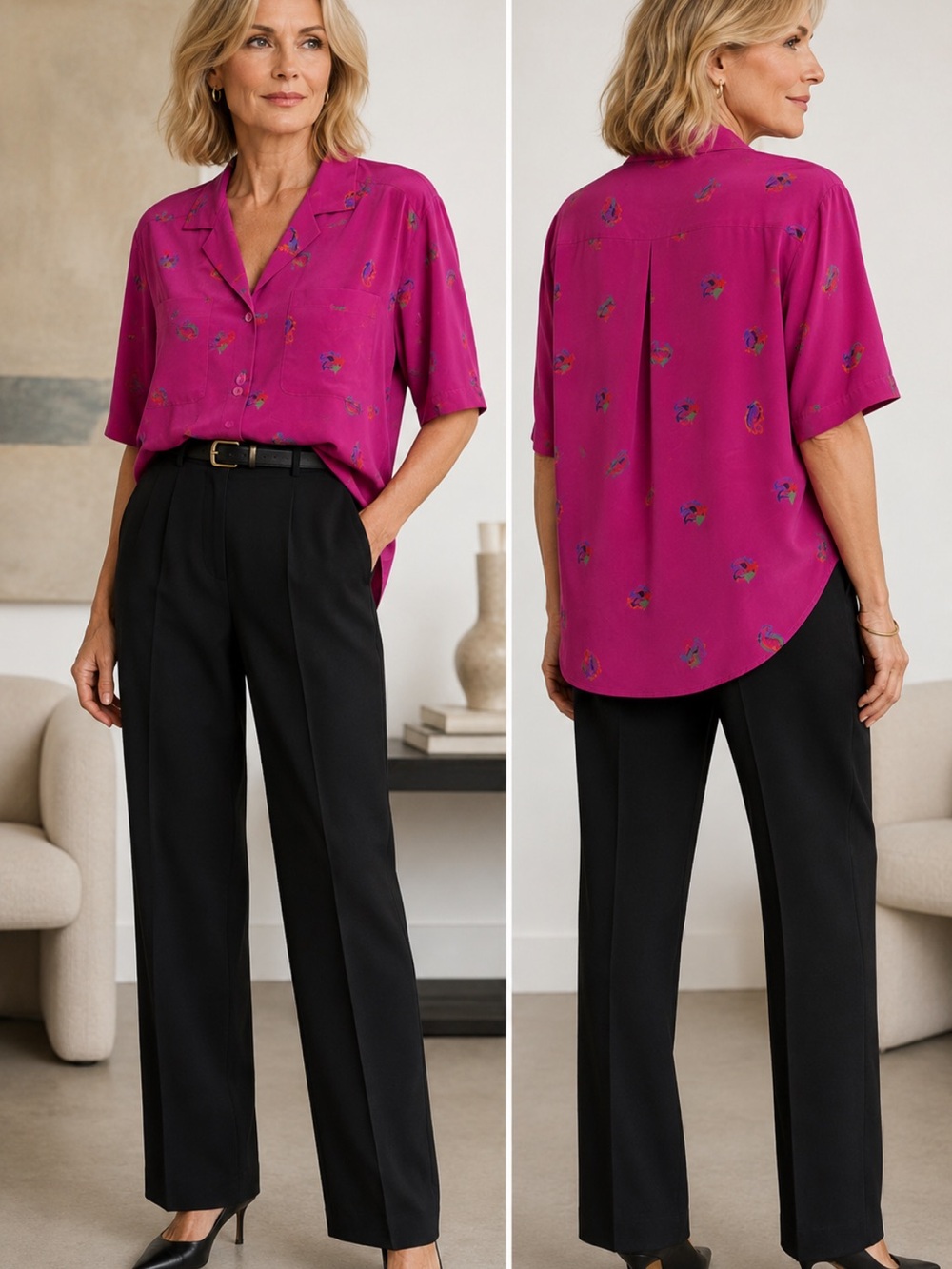 Vintage Ellen Tracy Silk Magenta Short-Sleeve Blouse with Subtle paisley print - Picture 2 of 10